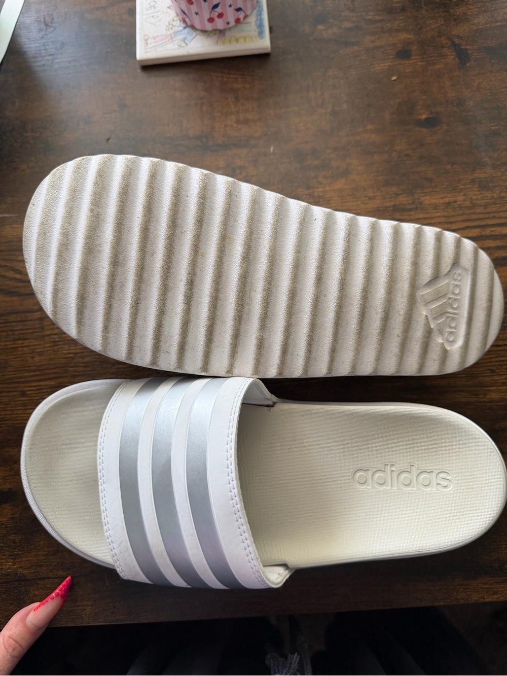 adidas White and Silver platform Slide Sandals with Metallic Stripes - Picture 4 of 4